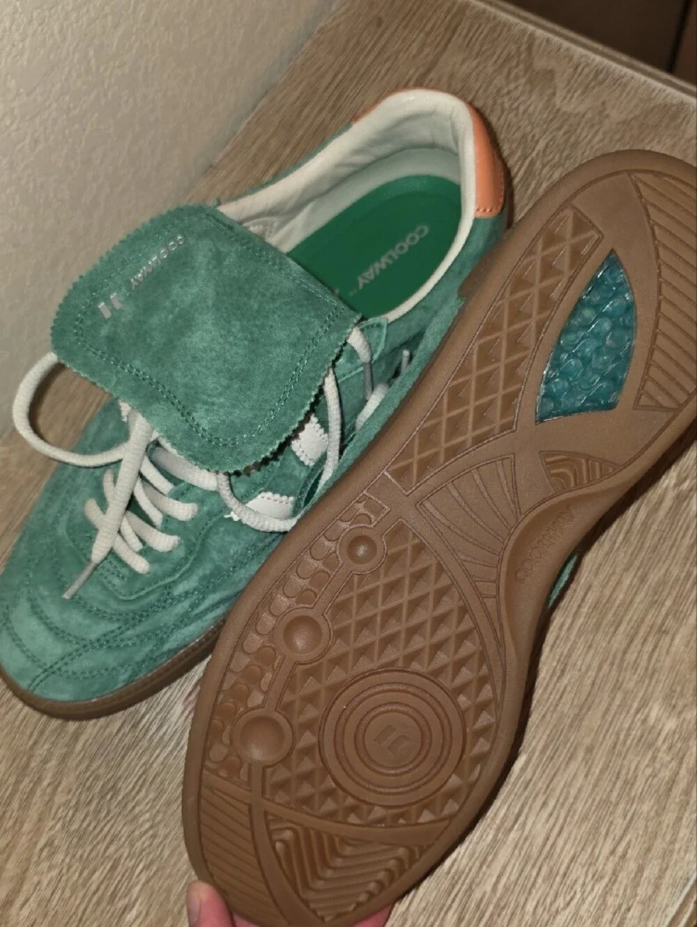Coolway Green Suede Athletic Sneakers with White Laces and Tan Sole